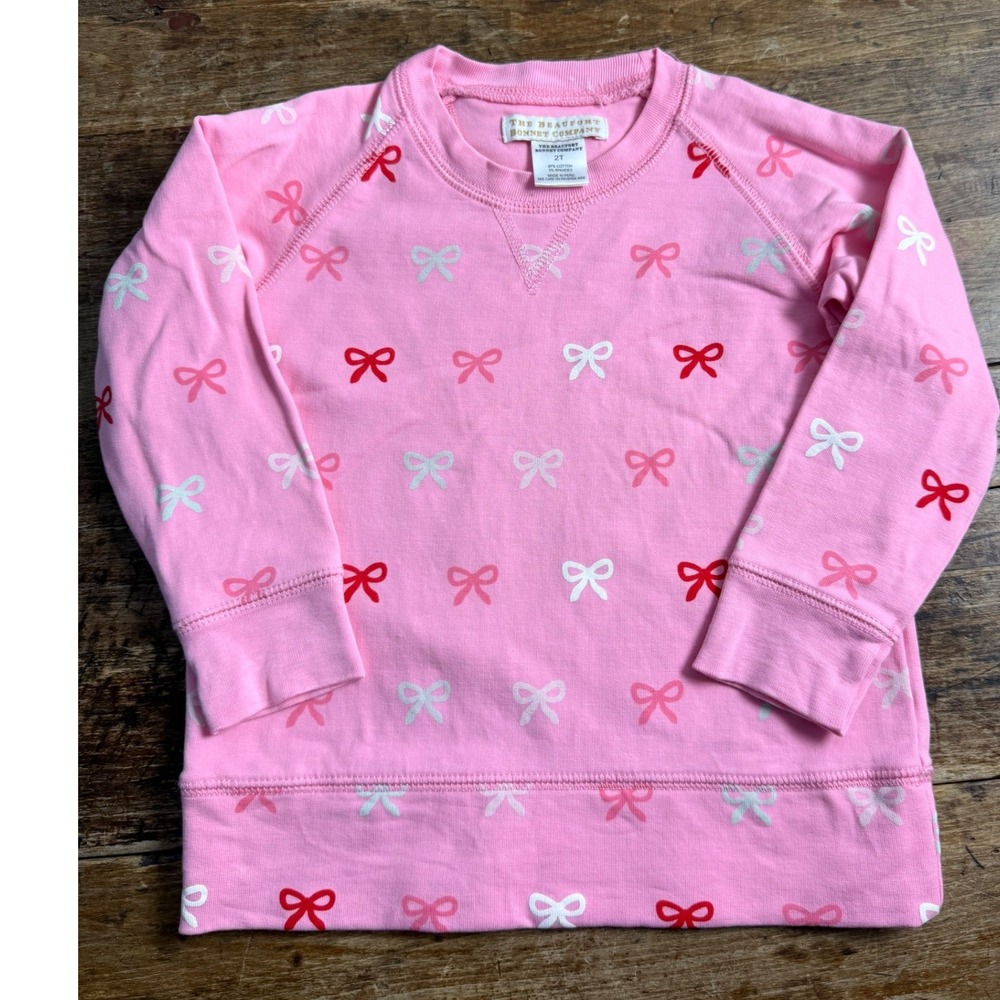 The Beaufort Bonnet Company Pink Bow Print Sweatshirt 2T Girls Long Sleeve Top
